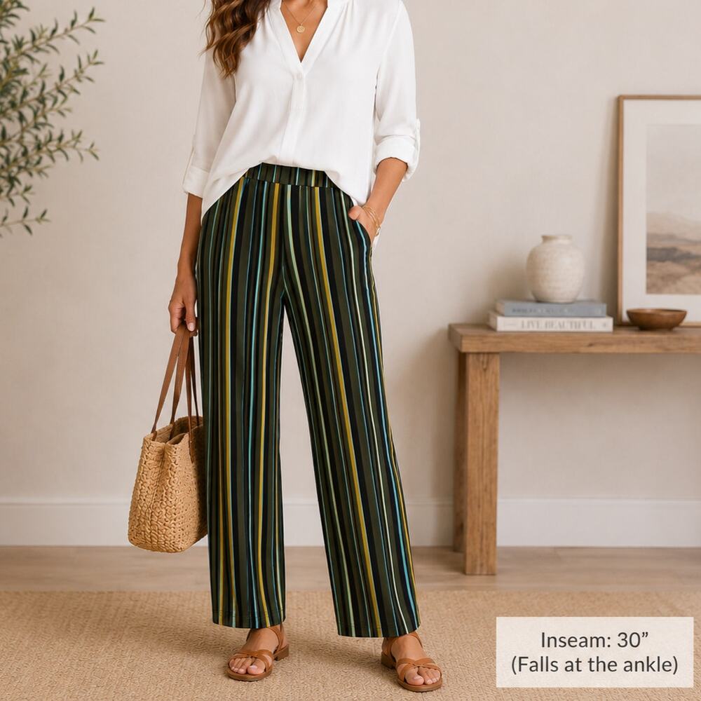 Susan Graver Liquid Wide-Leg Knit Pants Women's Size M Green Striped Pockets